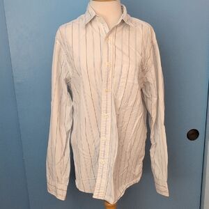 Eddie Bauer Men's White Button-Down Shirt with Blue Stripes